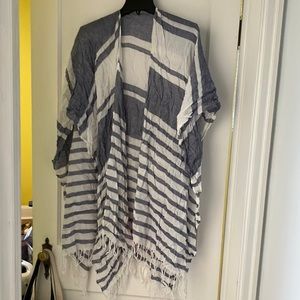 Blue white stripe fringe shawl NWT